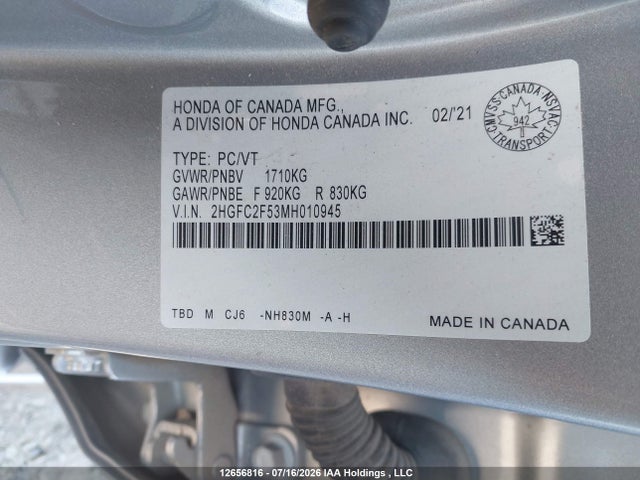 2021 Honda Civic Lx მანქანა იყიდება აუქციონზე, vin: 2HGFC2F53MH010945, აუქციონის ნომერი: 12656816