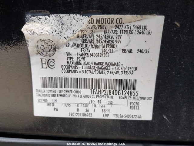 2013 Ford Taurus Limited მანქანა იყიდება აუქციონზე, vin: 1FAHP2J84DG124855, აუქციონის ნომერი: 12656829