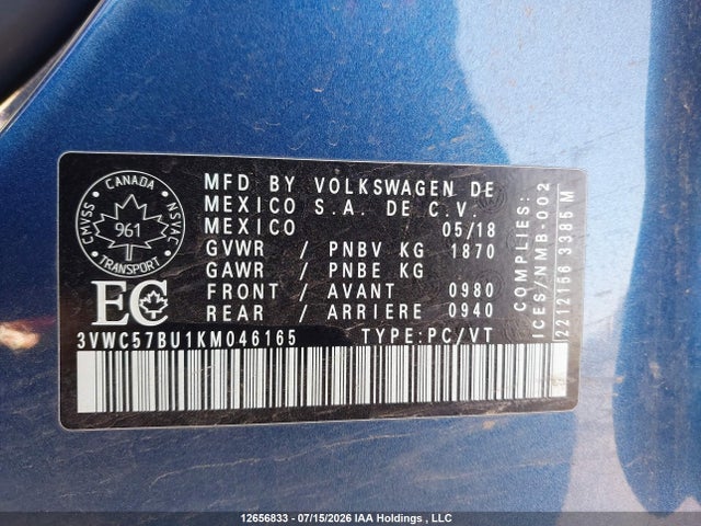 3VWC57BU1KM046165 Volkswagen Jetta 1.4 Tsi Comfortline