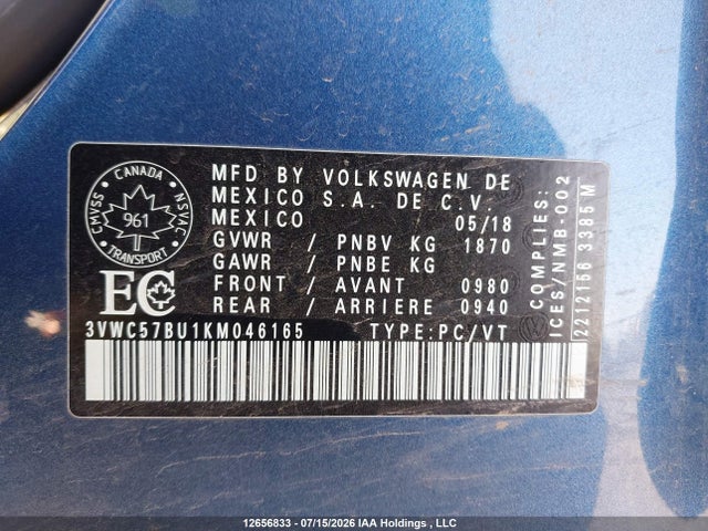 3VWC57BU1KM046165 Volkswagen Jetta 1.4 Tsi Comfortline