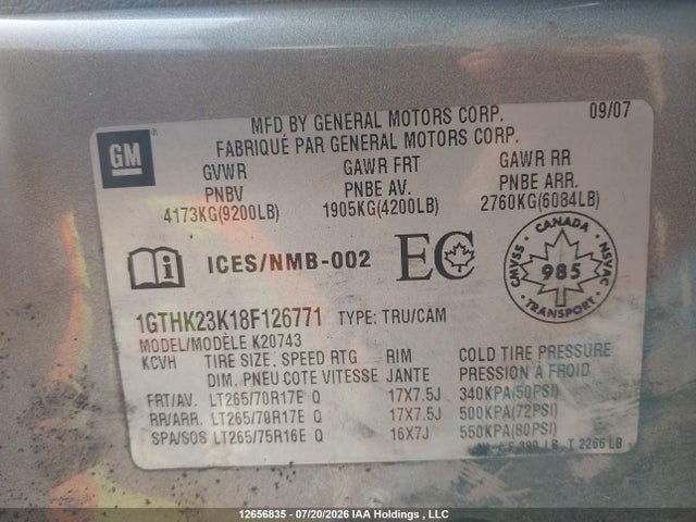Aukcja sprzedaży 2008 Gmc Sierra 2500hd Sle/slt/wt, vin: 1GTHK23K18F126771, numer aukcji: 12656835