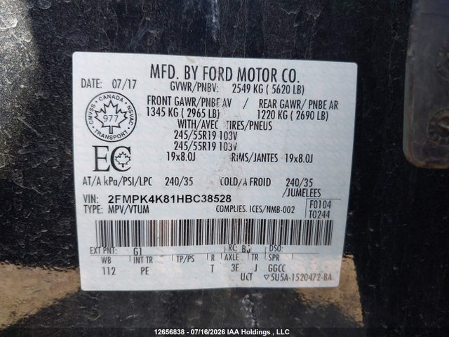 2017 Ford Edge Titanium მანქანა იყიდება აუქციონზე, vin: 2FMPK4K81HBC38528, აუქციონის ნომერი: 12656838