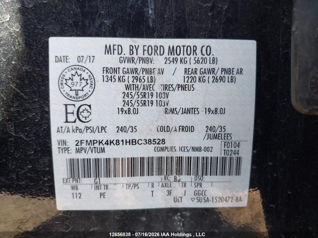 2017 Ford Edge Titanium მანქანა იყიდება აუქციონზე, vin: 2FMPK4K81HBC38528, აუქციონის ნომერი: 12656838