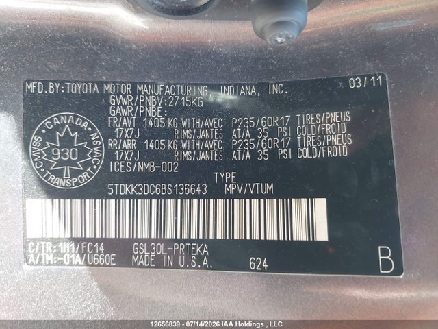 Aukcja sprzedaży 2011 Toyota Sienna Le 8 Passenger, vin: 5TDKK3DC6BS136643, numer aukcji: 12656839