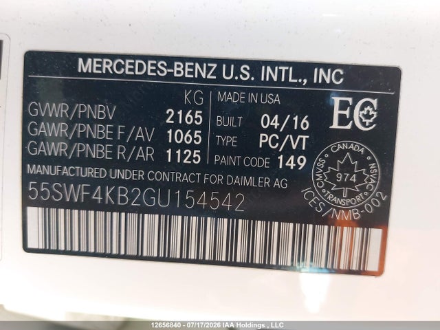 2016 Mercedes-benz C 300 4matic მანქანა იყიდება აუქციონზე, vin: 55SWF4KB2GU154542, აუქციონის ნომერი: 12656840