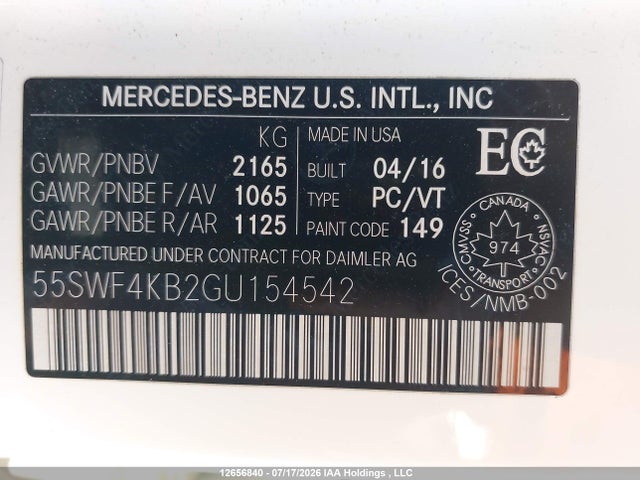 2016 Mercedes-benz C 300 4matic მანქანა იყიდება აუქციონზე, vin: 55SWF4KB2GU154542, აუქციონის ნომერი: 12656840