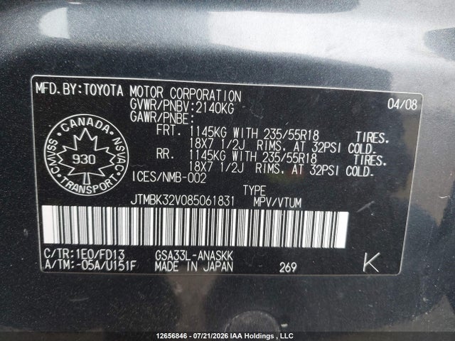 2008 Toyota Rav4 Sport V6 მანქანა იყიდება აუქციონზე, vin: JTMBK32V085061831, აუქციონის ნომერი: 12656846