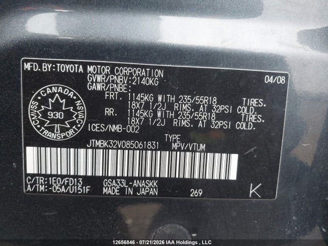2008 Toyota Rav4 Sport V6 მანქანა იყიდება აუქციონზე, vin: JTMBK32V085061831, აუქციონის ნომერი: 12656846