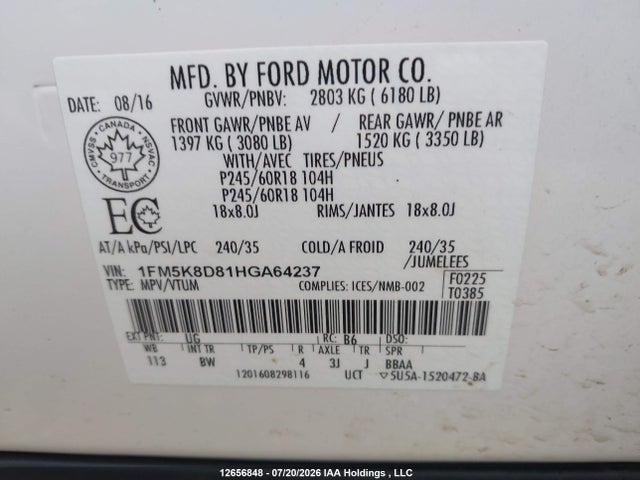 Aukcja sprzedaży 2017 Ford Explorer Xlt, vin: 1FM5K8D81HGA64237, numer aukcji: 12656848