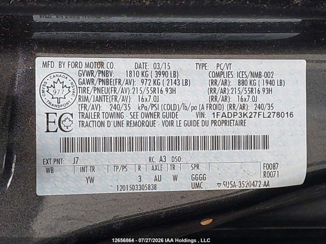 Ford FOCUS SE 2015 1FADP3K27FL278016 Image 9