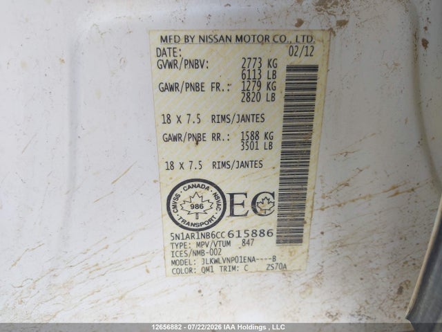 Aukcja sprzedaży 2012 Nissan Pathfinder Le/s/sv, vin: 5N1AR1NB6CC615886, numer aukcji: 12656882