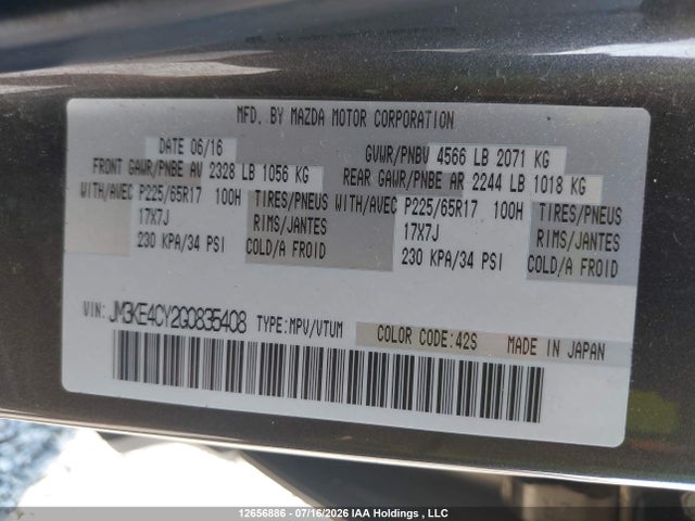 12656886 :رقم المزاد ، JM3KE4CY2G0H35408 vin ، 2016 Mazda Cx-5 Gs مزاد بيع