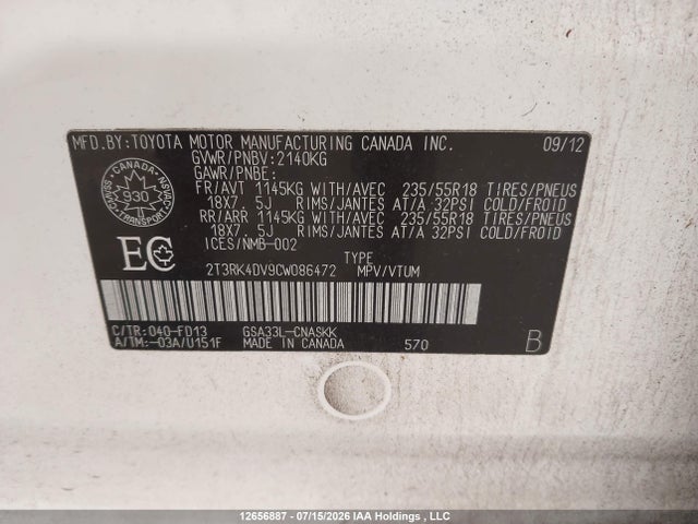 Продаж на аукціоні авто 2012 Toyota Rav4 Sport, vin: 2T3RK4DV9CW086472, номер лоту: 12656887