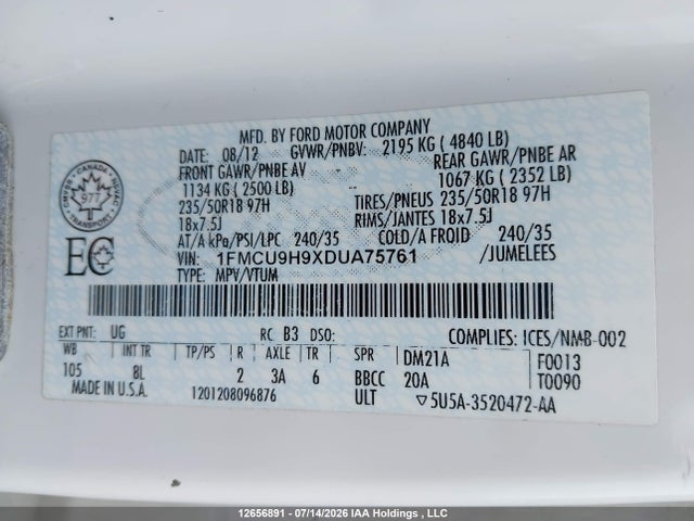 Aukcja sprzedaży 2013 Ford Escape Sel, vin: 1FMCU9H9XDUA75761, numer aukcji: 12656891