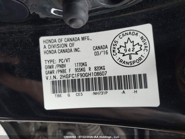 12656892 :رقم المزاد ، 2HGFC1F90GH108607 vin ، 2016 Honda Civic Touring مزاد بيع