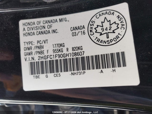 2HGFC1F90GH108607 Honda Civic Touring