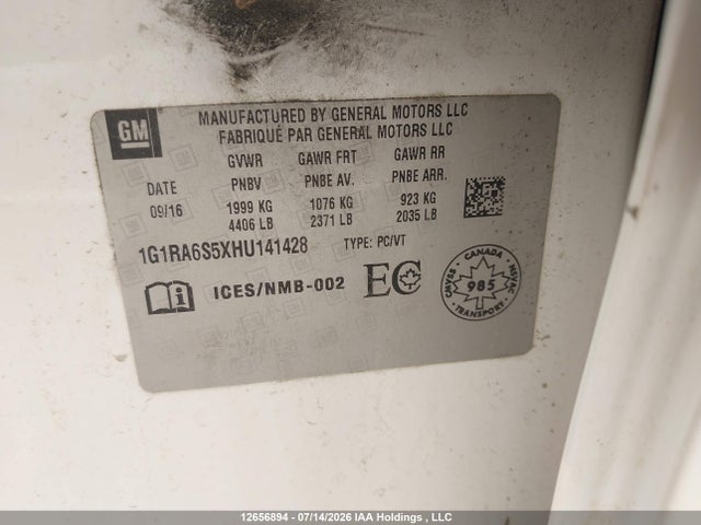Aukcja sprzedaży 2017 Chevrolet Volt Lt, vin: 1G1RA6S5XHU141428, numer aukcji: 12656894