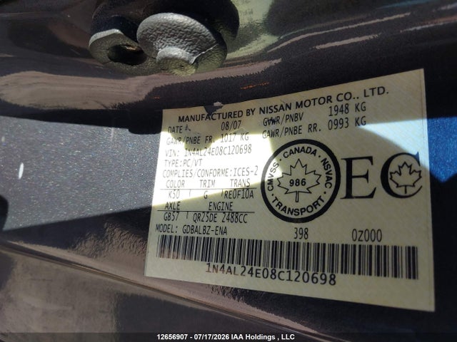 Продажа на аукционе авто 2008 Nissan Altima 2.5 S, vin: 1N4AL24E08C120698, номер лота: 12656907