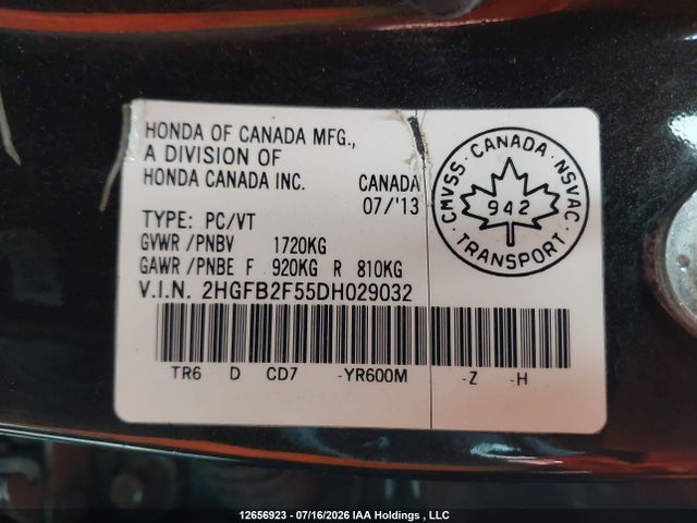 2013 Honda Civic Lx მანქანა იყიდება აუქციონზე, vin: 2HGFB2F55DH029032, აუქციონის ნომერი: 12656923
