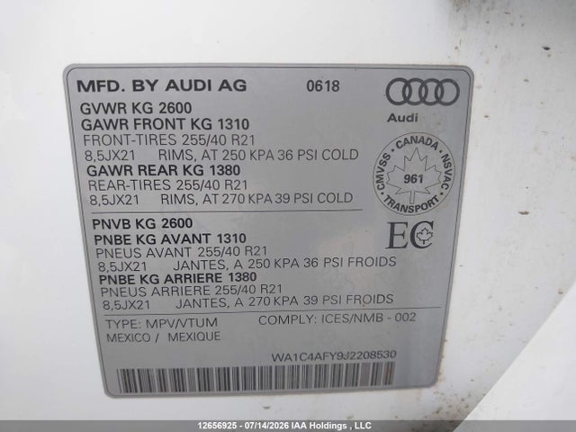 2018 Audi Sq5 3.0t Technik მანქანა იყიდება აუქციონზე, vin: WA1C4AFY9J2208530, აუქციონის ნომერი: 12656925