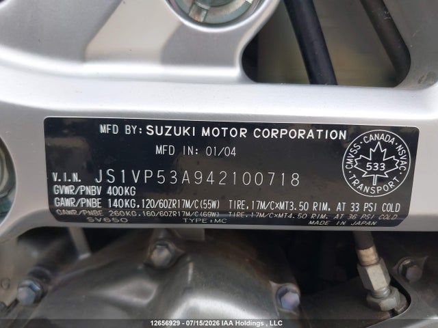 Aukcja sprzedaży 2004 Suzuki Sv650, vin: JS1VP53A942100718, numer aukcji: 12656929