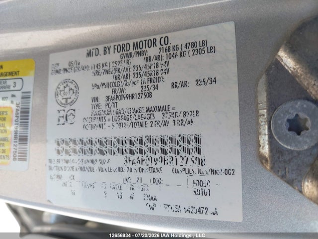 Ford FUSION SE 2017 3FA6P0T99HR127508 Image 9