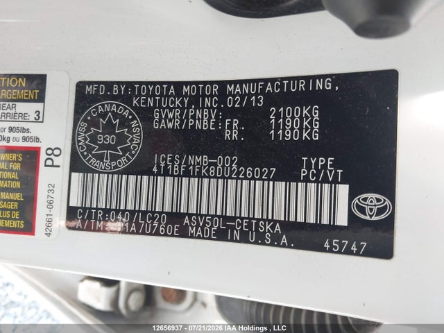 Продажа на аукционе авто 2013 Toyota Camry Se, vin: 4T1BF1FK8DU226027, номер лота: 12656937