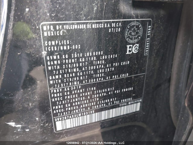 Aukcja sprzedaży 2020 Volkswagen Tiguan Comfortline/iq Drive, vin: 3VV2B7AX3LM163199, numer aukcji: 12656942
