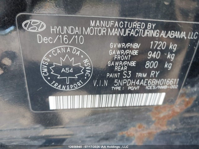 12656945 :رقم المزاد ، 5NPDH4AE6BH016611 vin ، 2011 Hyundai Elantra Gls/limited مزاد بيع