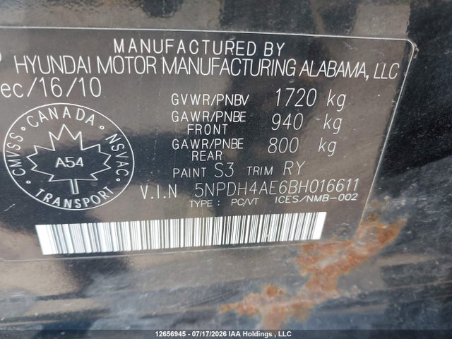 12656945 :رقم المزاد ، 5NPDH4AE6BH016611 vin ، 2011 Hyundai Elantra Gls/limited مزاد بيع