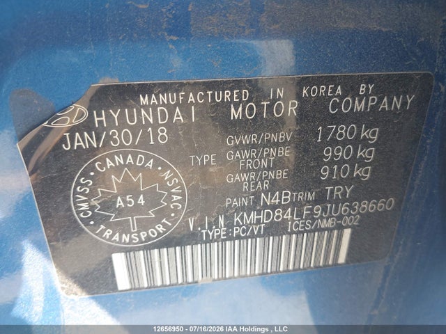 Aukcja sprzedaży 2018 Hyundai Elantra Gl, vin: KMHD84LF9JU638660, numer aukcji: 12656950