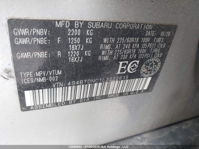 Продажа на аукционе авто 2020 Subaru Outback Limited, vin: 4S4BTDNC1L3222619, номер лота: 12656953