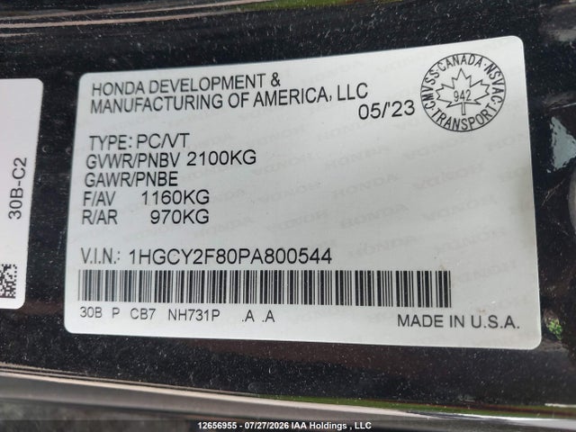 2023 Honda Accord Touring Hybrid მანქანა იყიდება აუქციონზე, vin: 1HGCY2F80PA800544, აუქციონის ნომერი: 12656955