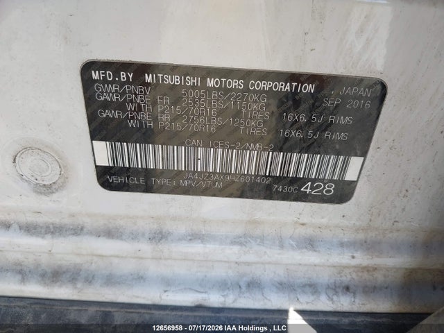 Aukcja sprzedaży 2017 Mitsubishi Outlander Se/sel, vin: JA4JZ3AX9HZ601402, numer aukcji: 12656958