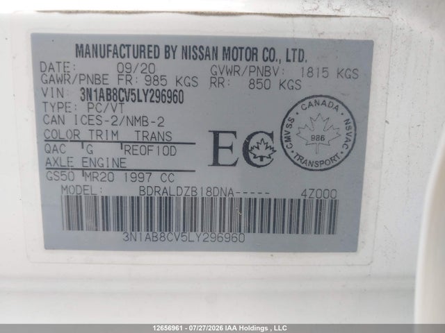 2020 Nissan Sentra Sv მანქანა იყიდება აუქციონზე, vin: 3N1AB8CV5LY296960, აუქციონის ნომერი: 12656961