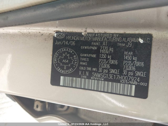 12656974 :رقم المزاد ، 5NMSG13E17H007924 vin ، 2007 Hyundai Santa Fe Gl مزاد بيع