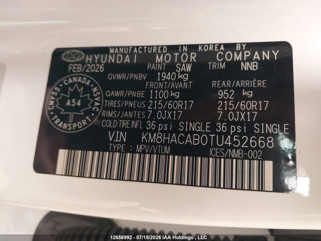 Продажа на аукционе авто 2026 Hyundai Kona, vin: KM8HACAB0TU452668, номер лота: 12656992