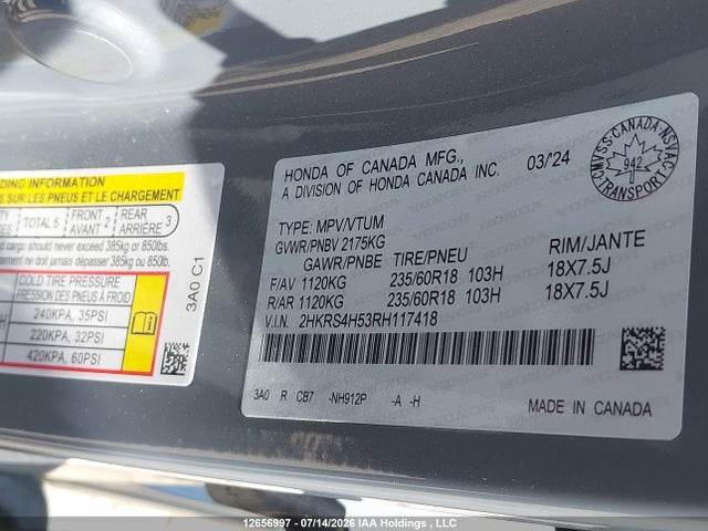 2024 Honda Cr-v მანქანა იყიდება აუქციონზე, vin: 2HKRS4H53RH117418, აუქციონის ნომერი: 12656997