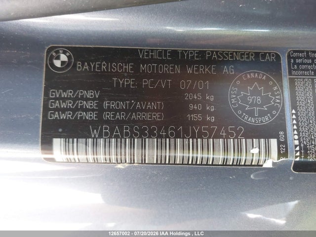 12657002 :رقم المزاد ، WBABS33461JY57452 vin ، 2001 Bmw 325 Ci مزاد بيع