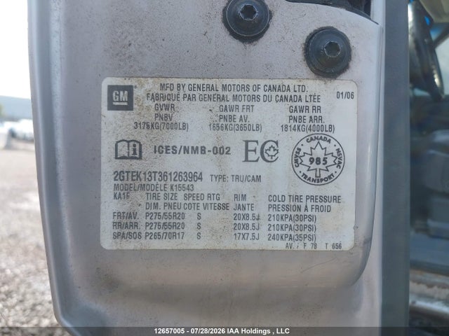 12657005 :رقم المزاد ، 2GTEK13T361263964 vin ، 2006 Gmc New Sierra K1500 مزاد بيع