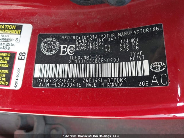 12657009 :رقم المزاد ، 2T1BU4EE8BC620290 vin ، 2011 Toyota Corolla Ce مزاد بيع