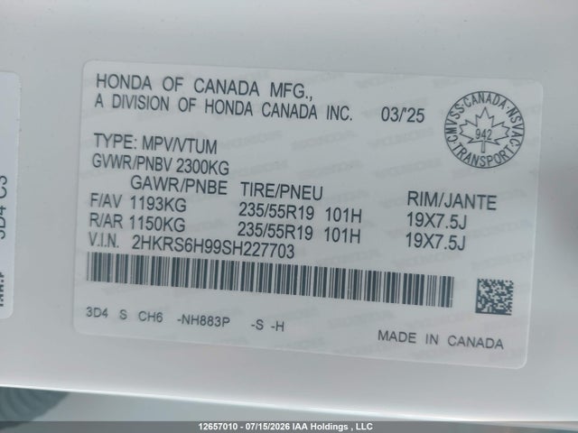 Продажа на аукционе авто 2025 Honda Cr-v Sport Touring, vin: 2HKRS6H99SH227703, номер лота: 12657010