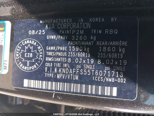 Продаж на аукціоні авто 2026 Kia Ev9 Land Awd, vin: KNDAFFS55T6071713, номер лоту: 12657012