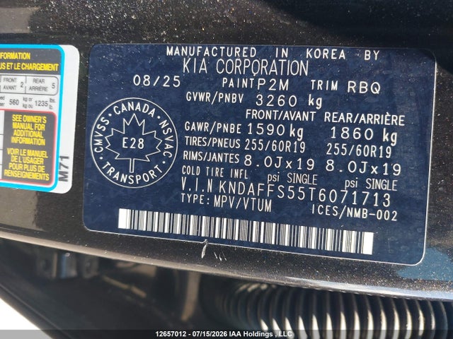 Продаж на аукціоні авто 2026 Kia Ev9 Land Awd, vin: KNDAFFS55T6071713, номер лоту: 12657012