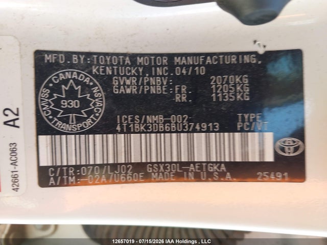 Aukcja sprzedaży 2011 Toyota Avalon Limited, vin: 4T1BK3DB6BU374913, numer aukcji: 12657019