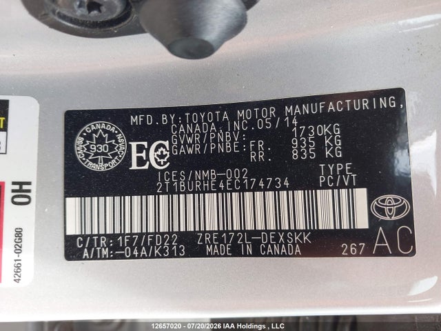 12657020 :رقم المزاد ، 2T1BURHE4EC174734 vin ، 2014 Toyota Corolla L/le/le Pls/prm/s/s Pls مزاد بيع