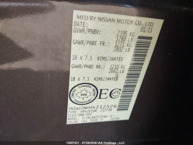 Nissan Murano 2015 5N1AZ2MH4FN212526 Image 9