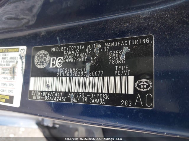 Продаж на аукціоні авто 2008 Toyota Corolla Ce, vin: 2T1BR32E28C880077, номер лоту: 12657029
