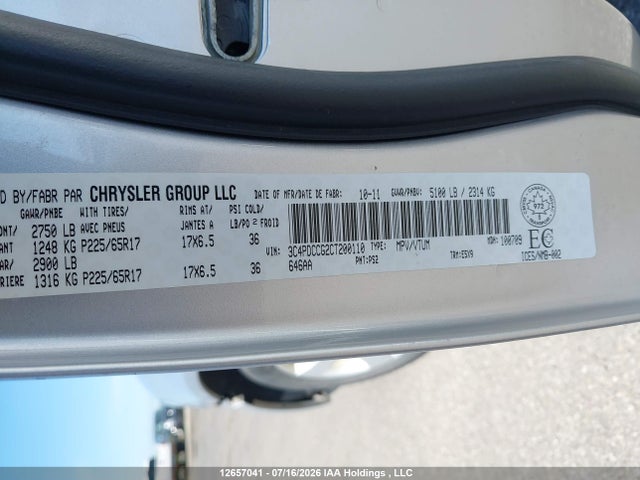 12657041 :رقم المزاد ، 3C4PDCCG2CT200110 vin ، 2012 Dodge Journey Sxt مزاد بيع