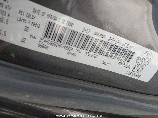 12657044 :رقم المزاد ، 2C4RDGBG2HR748894 vin ، 2017 Dodge Grand Caravan Se مزاد بيع